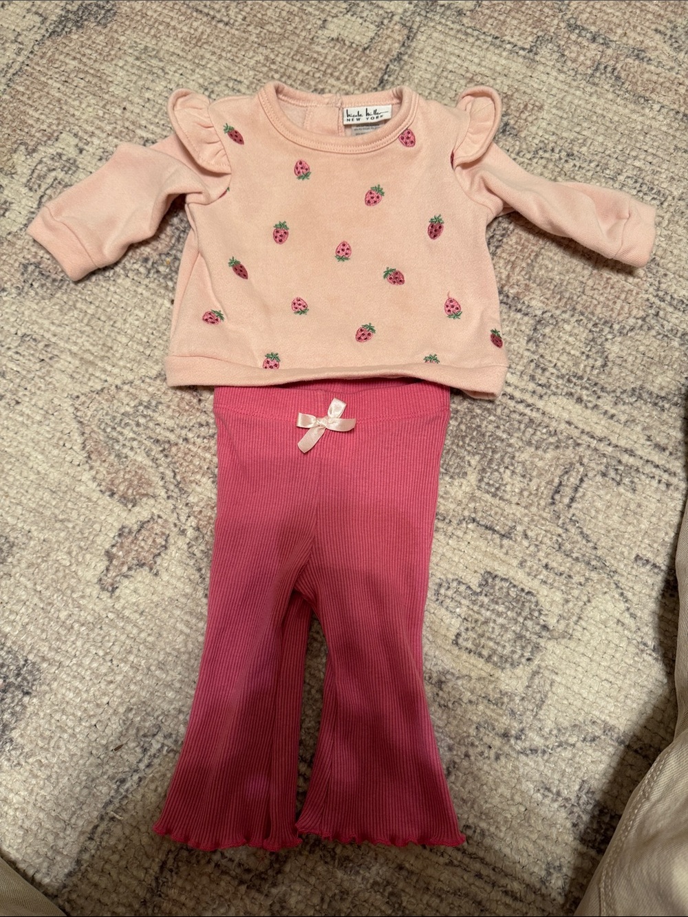 Strawberry Embroidered Ruffle Shoulder Sweatshirt Ribbed Bow Pants Set